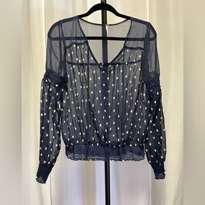 Free People sheer navy peasant blouse white embroidered polka dots | medium
